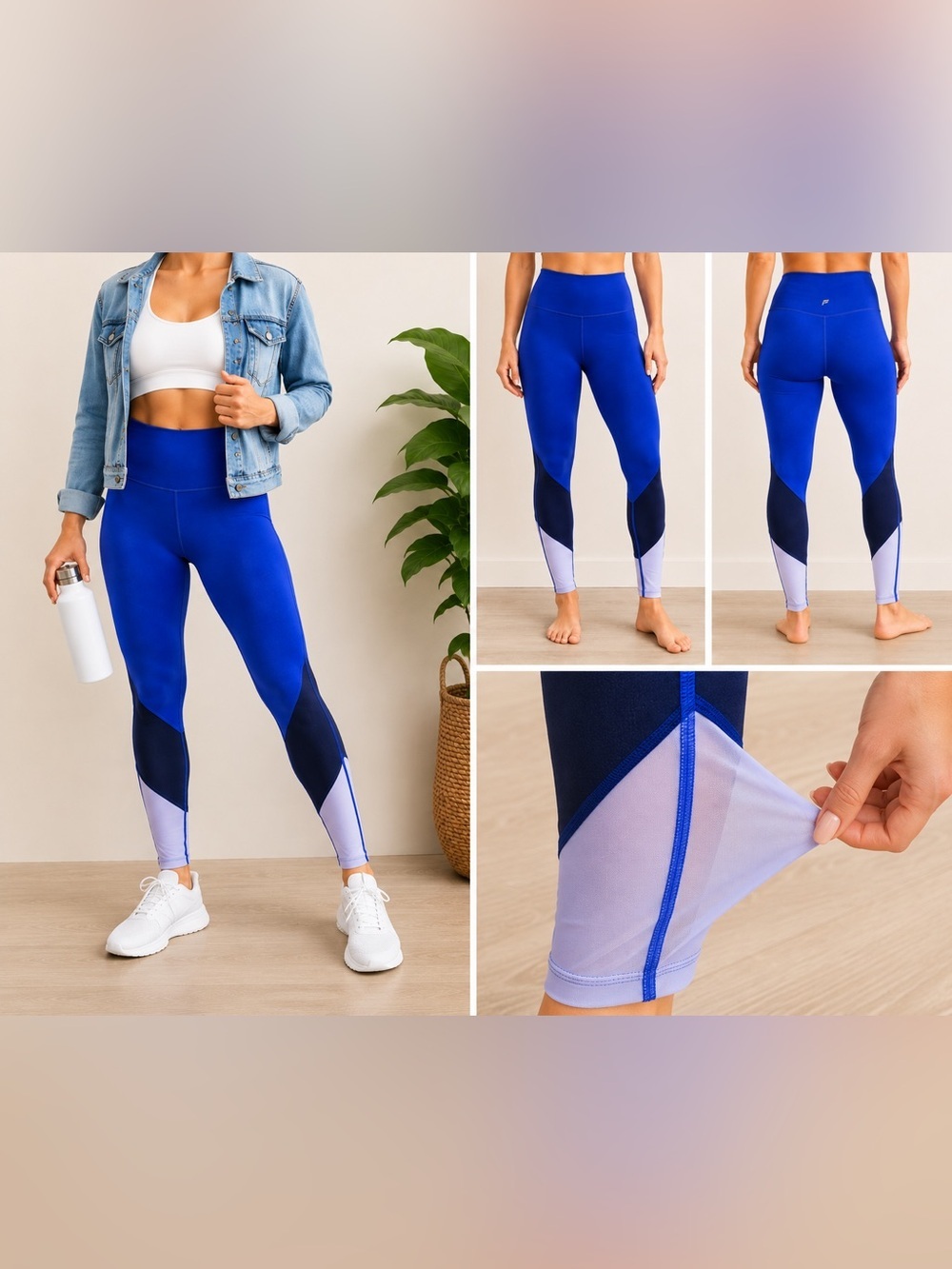 Fabletics PowerHold Colorblock Leggings Blue Mesh Panel High Rise Size Small